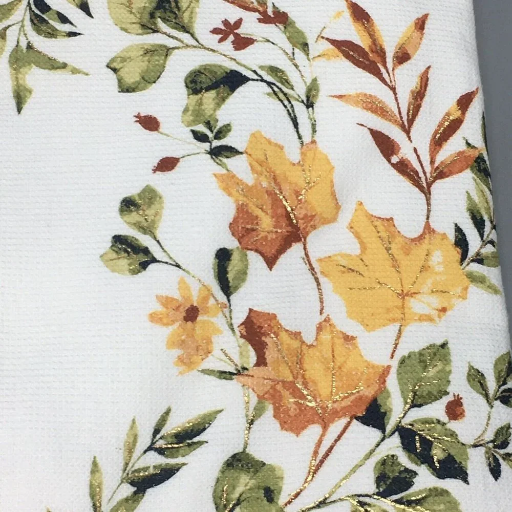 2 Shabby Chic Fall Leaves Terry Kitchen Towel Green Orange Yellow Rust Gold Foil